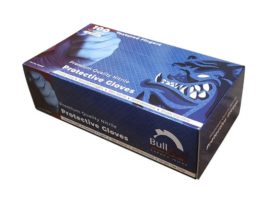 BULLDOG NITRILE DISPOSABLE PROTECTIVE GLOVES, BLUE, TEXTURED FINGERS 100PC